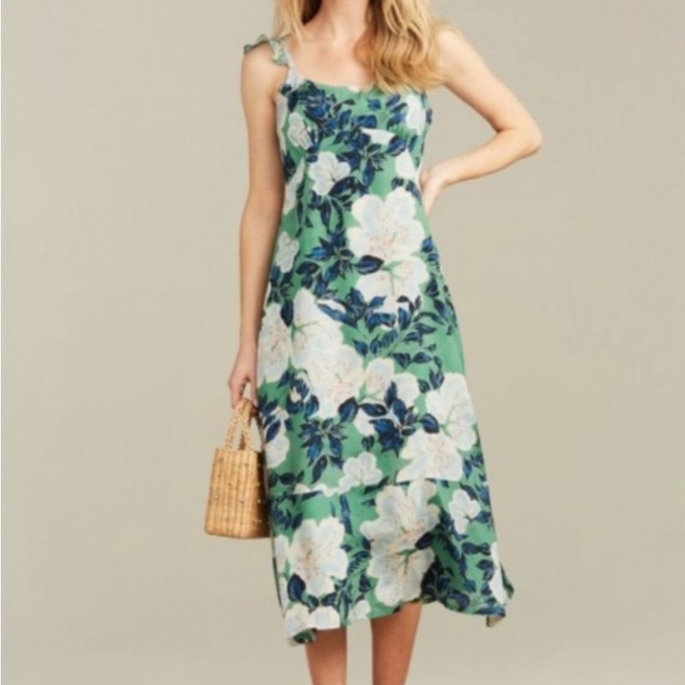 Roller Rabbit Floral Dress Clovis Quinn Green Midi Flutter Strap Sleeve SZ Small